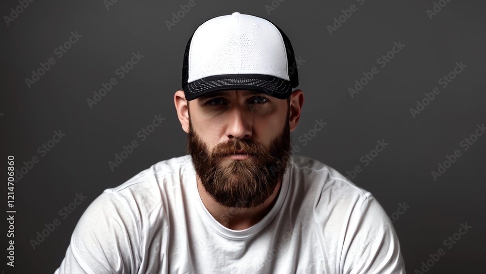 Hipster handsome male model with beard wearing white blank t-shirt and a baseball cap with space for your logo or design in casual urban style Hipster handsome male model with beard wearing white blank t-shirt and a baseball cap with space for your logo or design in casual urban style