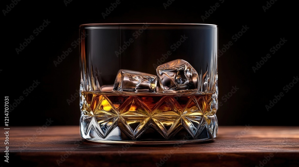 Fototapeta premium Elegant Scotch Whiskey Served in Stylish Glass with Ice Cubes on Dark Wooden Surface