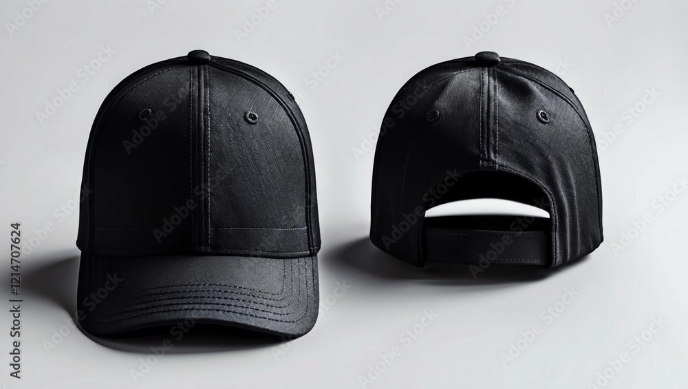 Black baseball caps mockup on a grey background, front and back side Black baseball caps mockup on a grey background, front and back side