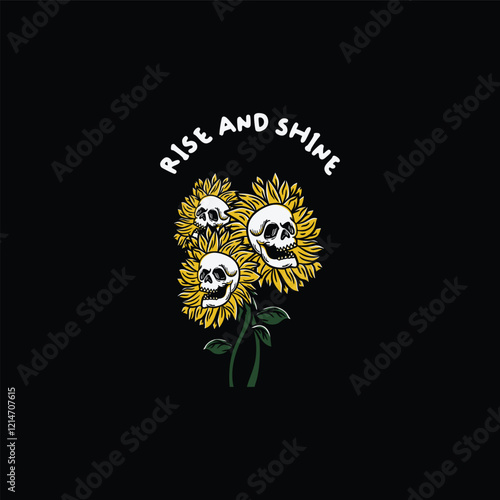 hand drawn skull with sunflower illustration vector, design element for logo, t-shirt, emblem, sign, poster