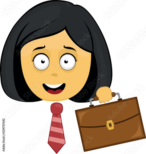 vector illustration yellow emoji face character woman cartoon, with a neck tie and office briefcase, as an employee or worker