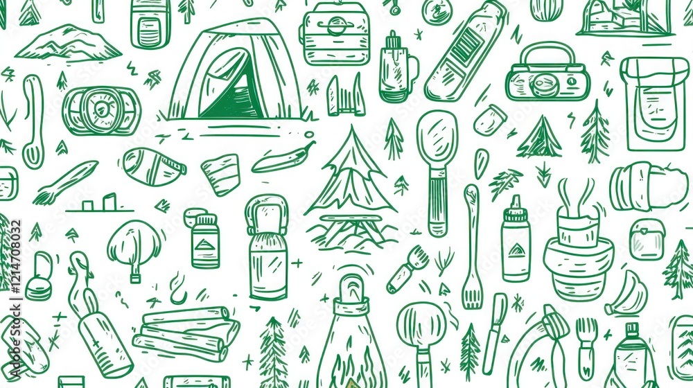 Obraz premium Camping gear doodle pattern, outdoor adventure background, travel planning