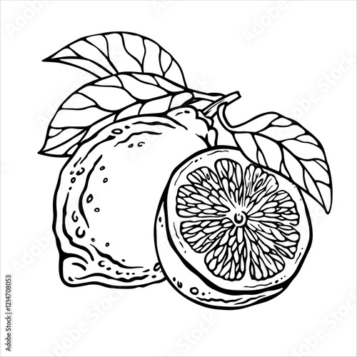 Lemon composition. Vector hand drawn illustration of whole fruit and it's half isolated on white background. Bundle with outline drawing of citrus. Sketch in line art style painted by black inks.
