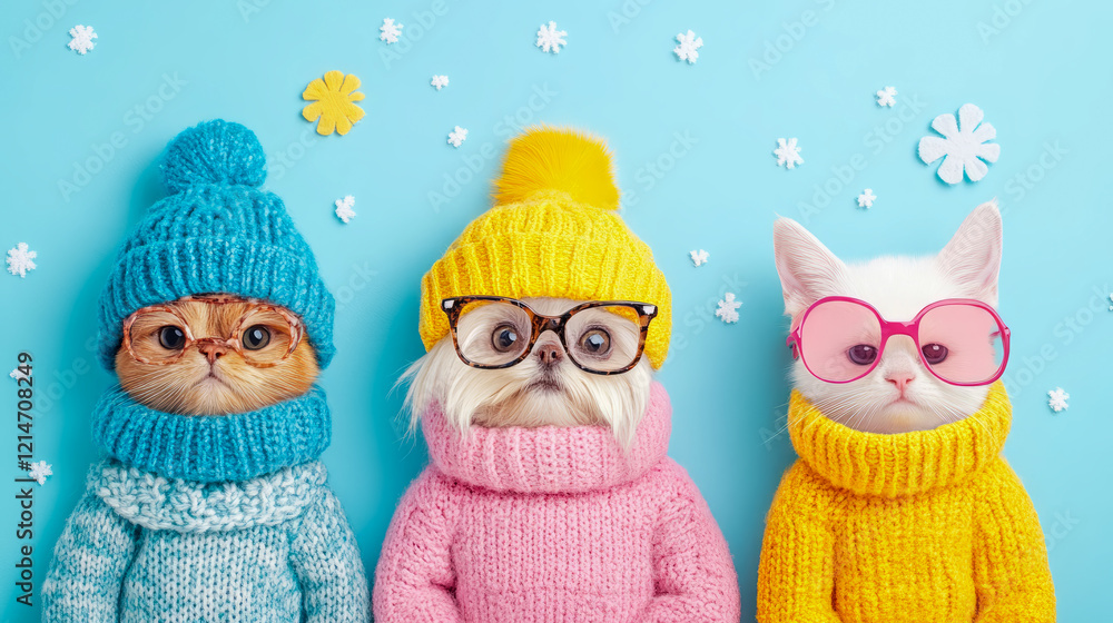 Obraz premium Adorable Pets in Winter Sweaters: A Festive Trio of Cats