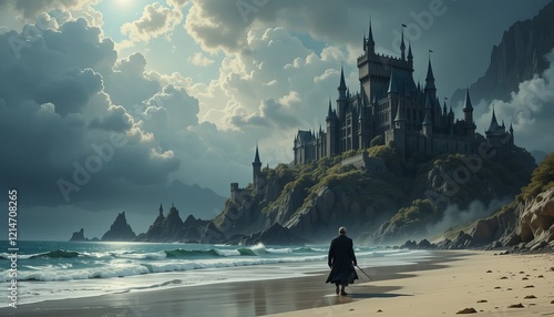 Dark fantasy castle. Illustration painting of king walking through sea beach next to fantasy castle in background.