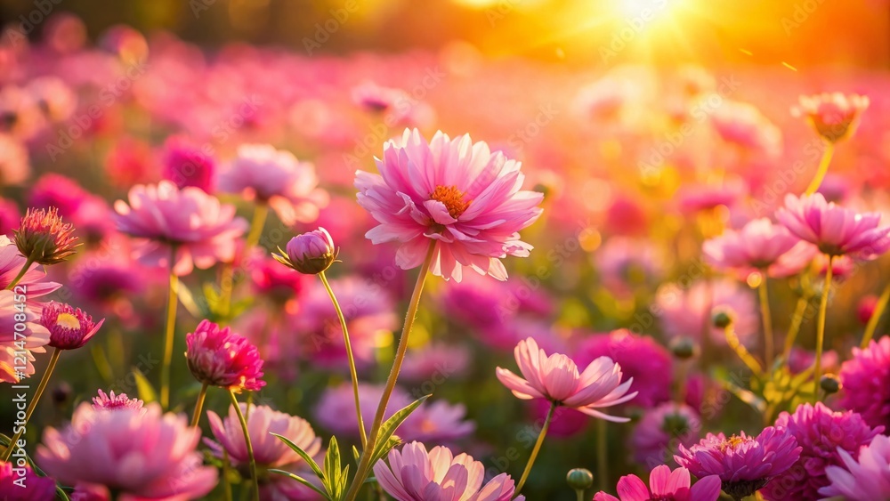 Fototapeta premium Aerial Drone Shot of Vibrant Pink Flower Field, Blooming Spring Flowers, Nature Background