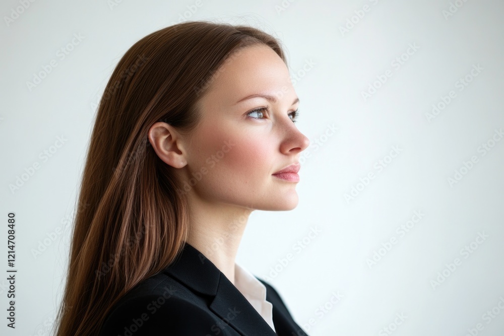 A woman with long brown hair wearing a black jacket, suitable for use in a variety of contexts