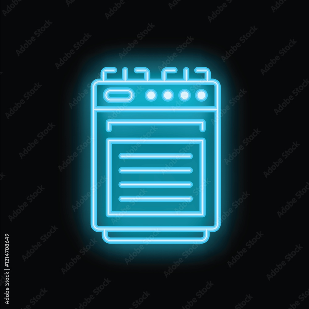 Glowing blue neon icon of oven with opened door on black background Glowing blue neon icon of oven with opened door on black background