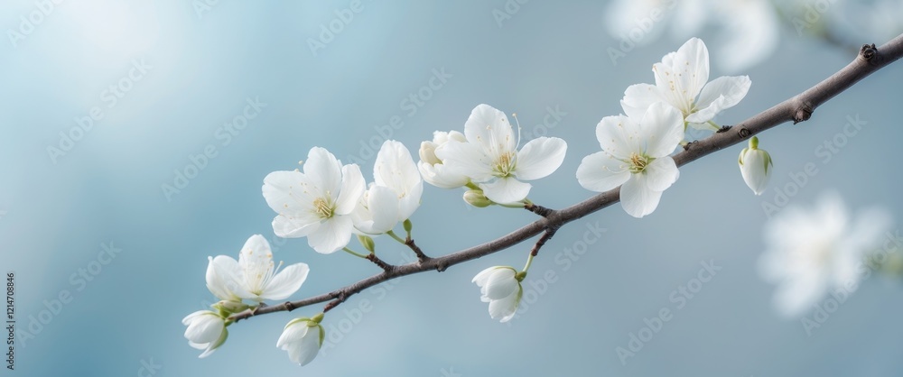 Delicate White Blossoms on a Branch with Soft Blue Background and Blurred Effect Delicate White Blossoms on a Branch with Soft Blue Background and Blurred Effect