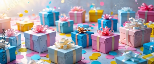 Colorful Gift Boxes with Confetti - Celebration Background photo