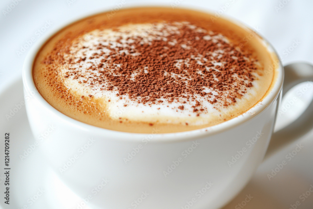 Close-up of a frothy cappuccino with cocoa dusting in a white cup against a clean background Close-up of a frothy cappuccino with cocoa dusting in a white cup against a clean background