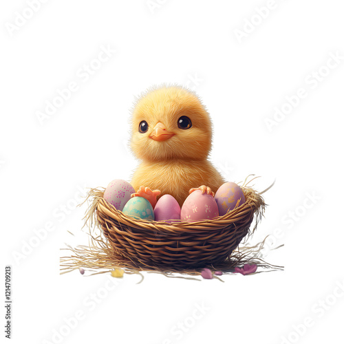 Fluffy Yellow Chick Perched in a Basket Filled with Eggs, Ready for Festive Designs and Branding, PNG transparent background photo