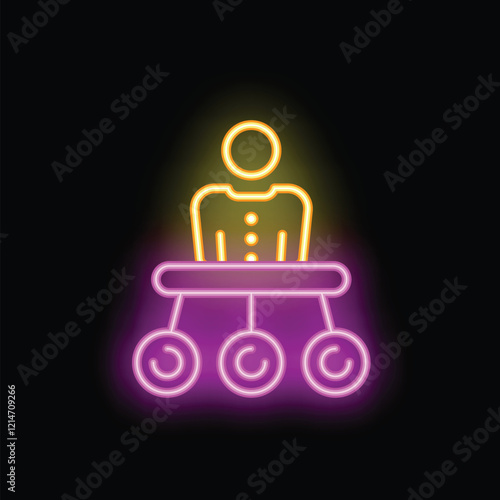 Neon light style icon of a businessman balancing on a swing with copyright symbol, representing intellectual property protection in business