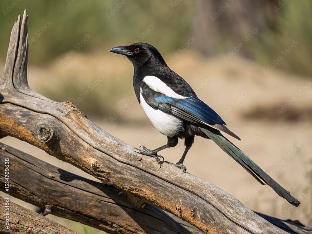 Clever Magpie Perched on Branch, Copy Space for Text, Wildlife Photography Clever Magpie Perched on Branch, Copy Space for Text, Wildlife Photography