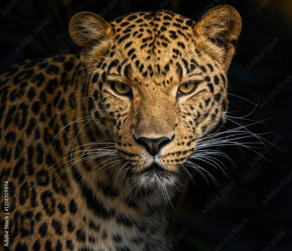 Intense gaze of a leopard captured under low light, highlighting its majestic beauty and wild essence Intense gaze of a leopard captured under low light, highlighting its majestic beauty and wild essence