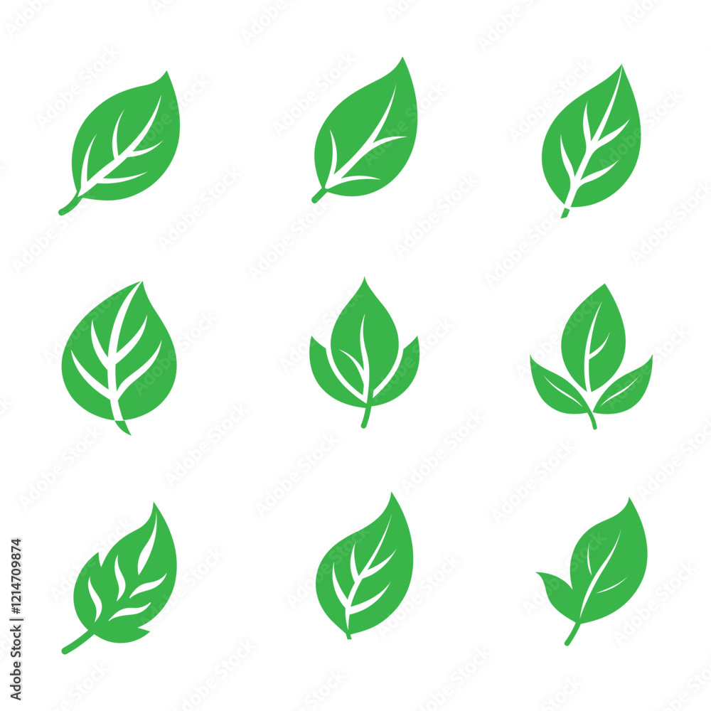 Set of green leaf icons. Green leaf icon logo. Leaves on white background. Ecology. Vector illustration. Set of green leaf icons. Green leaf icon logo. Leaves on white background. Ecology. Vector illustration.
