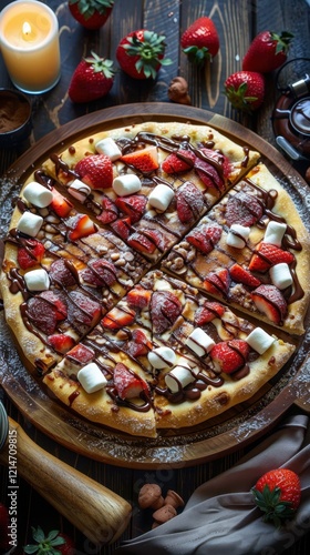 There is a pizza with strawberries and chocolate on it, food background, vertical background photo