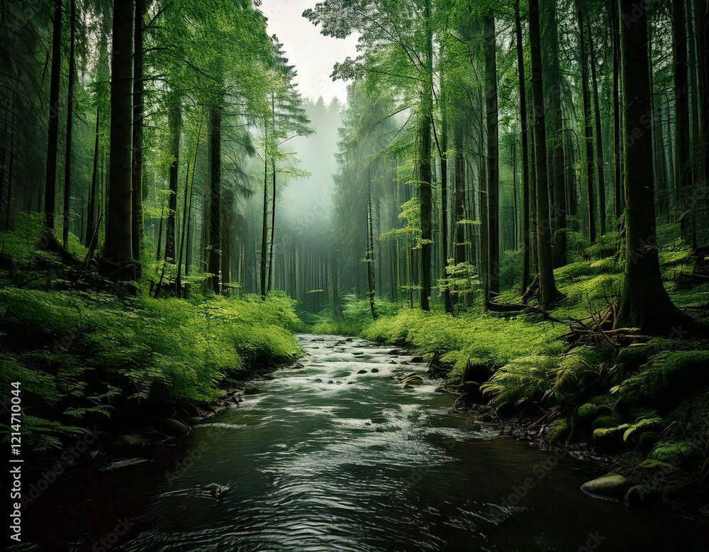 Obraz premium 森林に小川が流れている景色