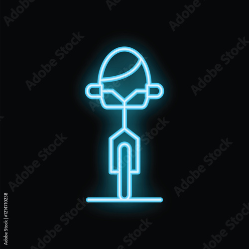 Blue neon sign of a person riding an electric unicycle, glowing on a dark background
