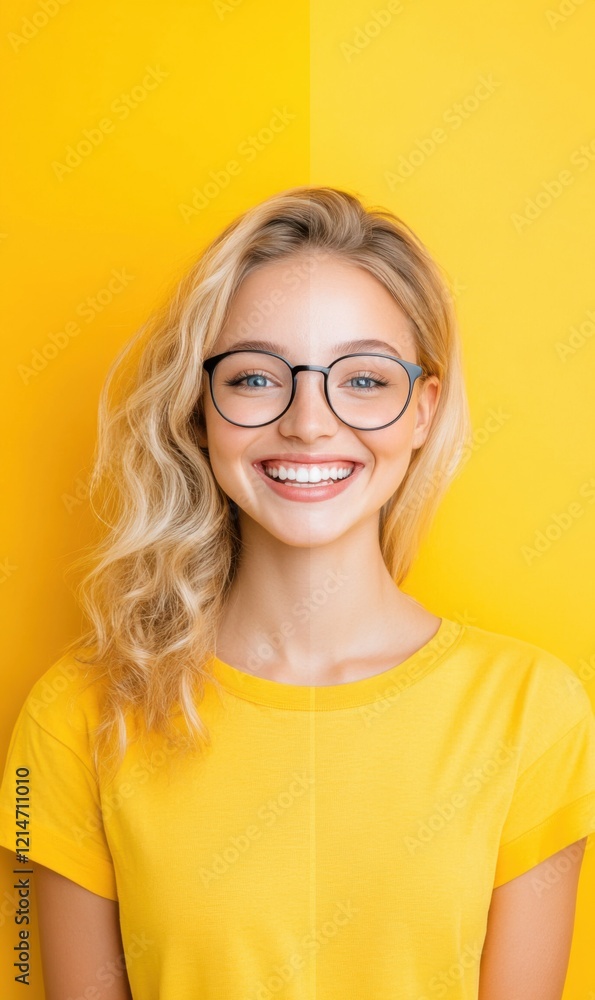 Obraz premium Smiling Young Woman with Curly Hair and Glasses Against Bright Yellow Background in Casual Outfit