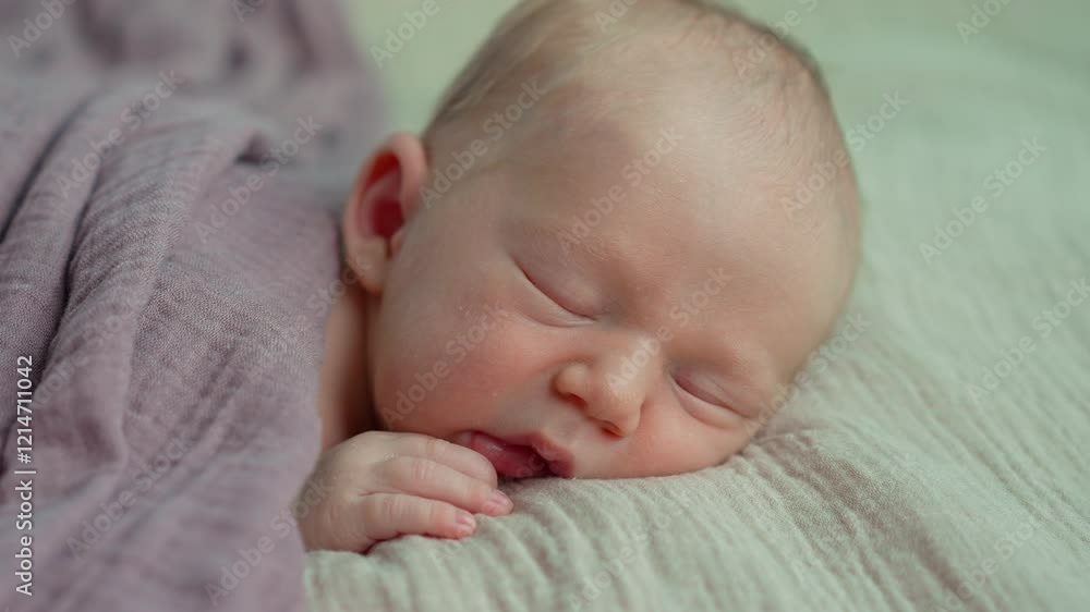 Close-up video of a sleeping newborn baby peacefully wrapped in a soft muslin blanket. A tender and serene moment capturing the innocence and tranquility of a newborn in gentle comfort. Close-up video of a sleeping newborn baby peacefully wrapped in a soft muslin blanket. A tender and serene moment capturing the innocence and tranquility of a newborn in gentle comfort.