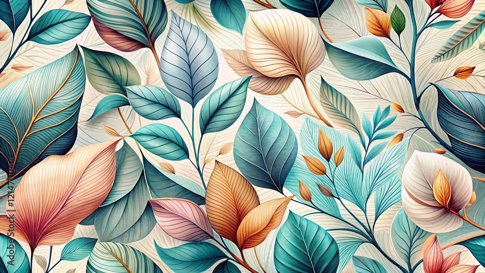 Fototapeta premium Aerial Luxury Floral Pattern: Minimalist Linear Hand-Drawn Leaves Abstract Background