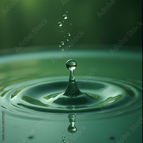Une goutte d’eau créant des ondulations dans une eau calme, sur un fond vert doux et flou.
