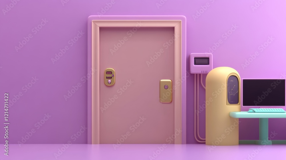 A pastel-themed room features a pink door, a colorful computer workstation, and a unique retro design, all against a soft purple background. A pastel-themed room features a pink door, a colorful computer workstation, and a unique retro design, all against a soft purple background.