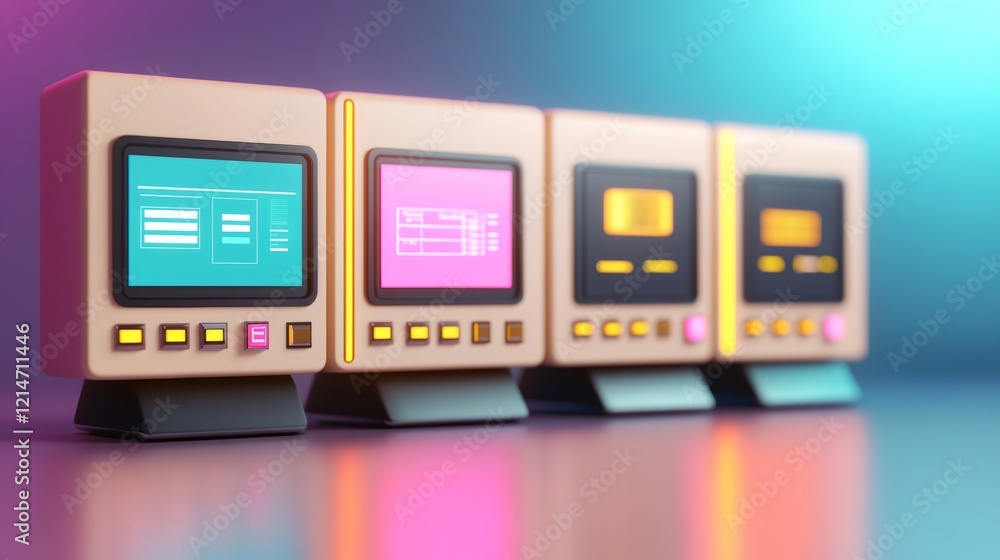 Retro-styled computer monitors with bright screens, showcasing colorful displays against a vibrant gradient background. Retro-styled computer monitors with bright screens, showcasing colorful displays against a vibrant gradient background.