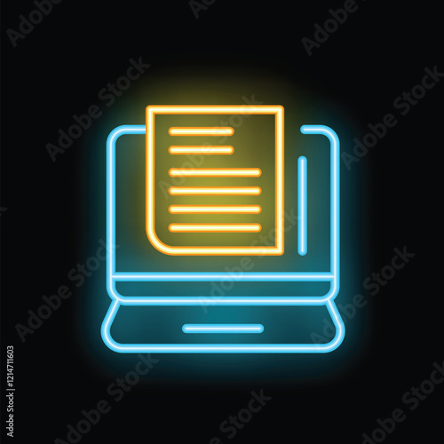 Neon icon of a document file displaying on a laptop screen, representing online document access and management