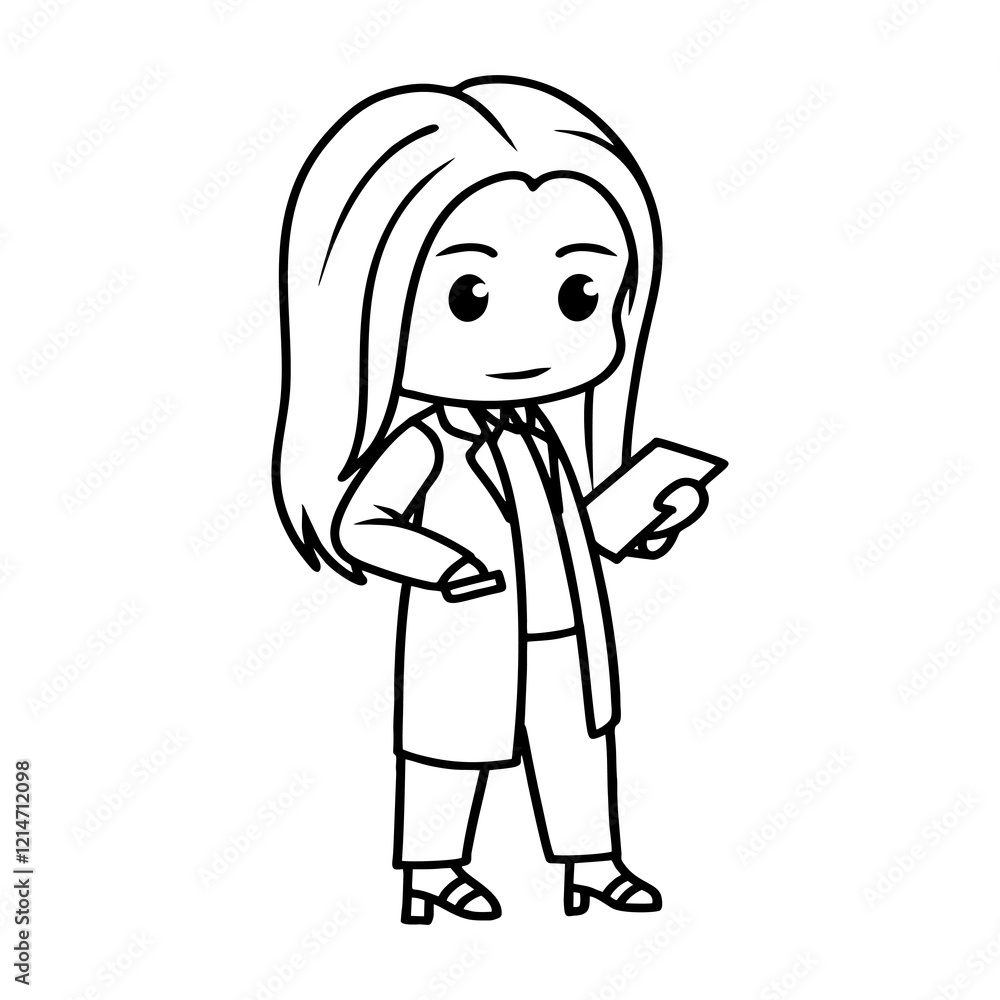 Chibi kawaii Woman using long coat in walking pose. in black line art style Chibi kawaii Woman using long coat in walking pose. in black line art style
