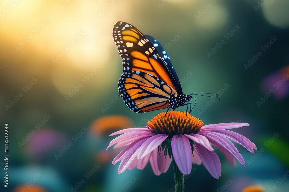 Stunning Close-Up of a Monarch Butterfly Resting on a Vibrant Coneflower in a Softly Lit Garden Setting Stunning Close-Up of a Monarch Butterfly Resting on a Vibrant Coneflower in a Softly Lit Garden Setting