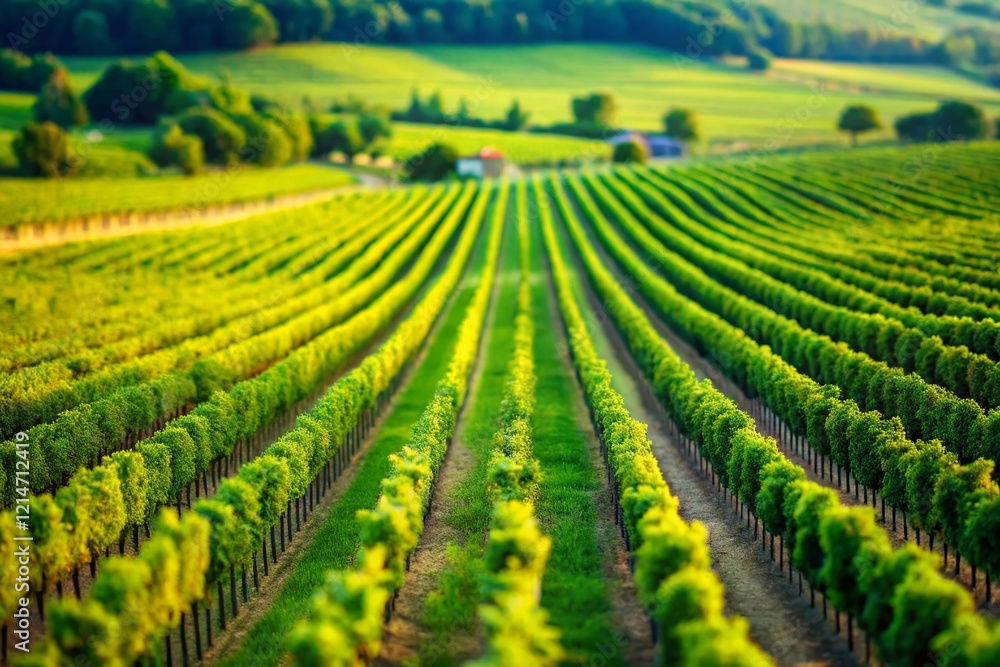 Fototapeta premium Aerial Tilt-Shift View of Perfectly Aligned Green Vines in a Field