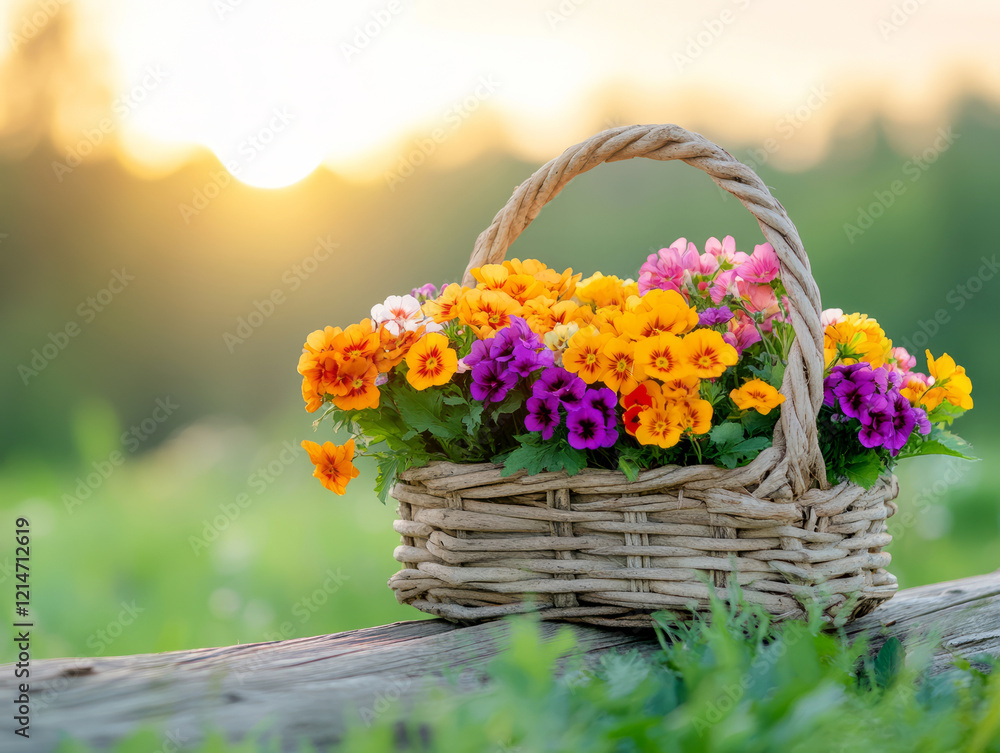 Beautiful Colorful Flowers in a Woven Basket with Natural Background at Sunrise Beautiful Colorful Flowers in a Woven Basket with Natural Background at Sunrise