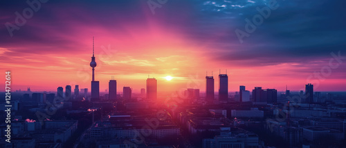 Vivid sunset skyline of Berlin with glowing colors and distant structures photo