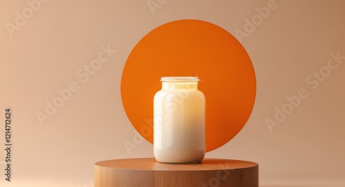 Cream jar on wood pedestal with orange circle background photo