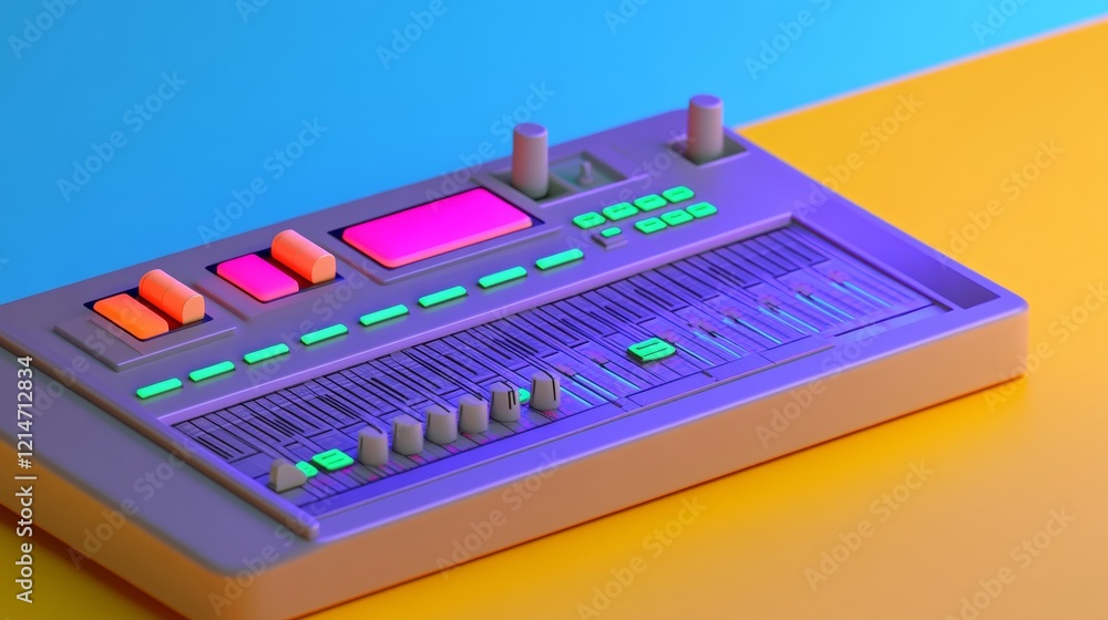 A colorful electronic music mixer with vibrant buttons and knobs, set against a bright, contrasting background. A colorful electronic music mixer with vibrant buttons and knobs, set against a bright, contrasting background.