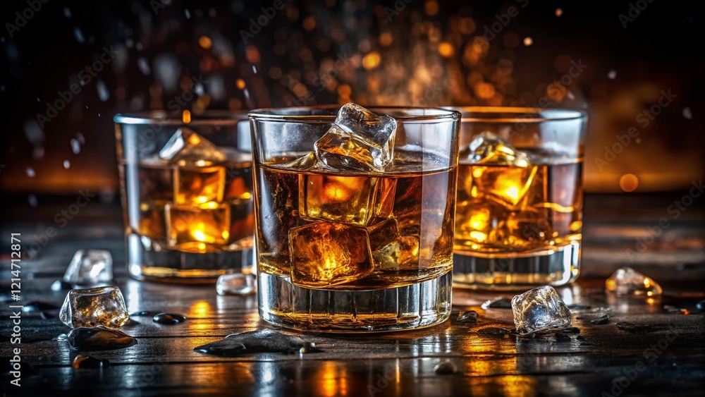 Three Glasses of Whiskey on Wooden Table - High-Resolution Stock Photo Three Glasses of Whiskey on Wooden Table - High-Resolution Stock Photo