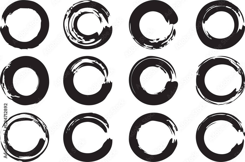 Round circle brushstroke thick paint. Isolated Grunge style texture. Black smears isolated on a white background. Round circle brushstroke thick paint. Isolated Grunge style texture. Black smears isolated on a white background.