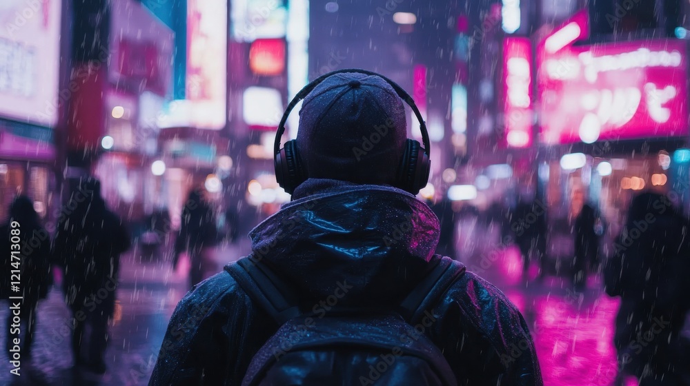 Person in urban setting with headphones and rain. Person in urban setting with headphones and rain.