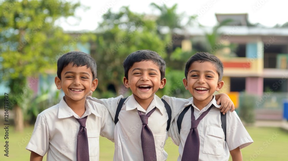 Three cheerful kids in school uniforms bonding in a schoolyard Three cheerful kids in school uniforms bonding in a schoolyard