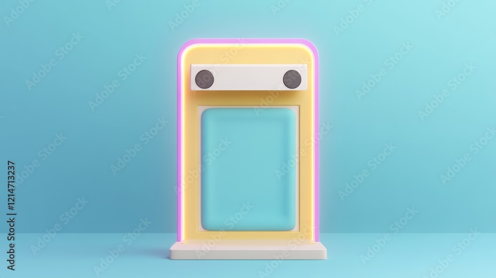 A modern, minimalist vending machine design in yellow and blue, featuring a simplistic aesthetic and glowing accents. A modern, minimalist vending machine design in yellow and blue, featuring a simplistic aesthetic and glowing accents.
