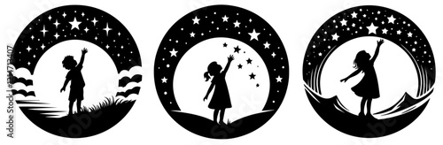 silhouettes of girls reaching for stars in circular design