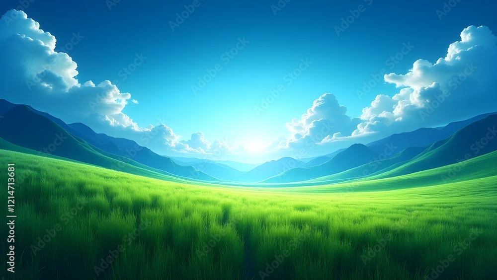 Green Grassland with Beautiful Mountains and Clouds in Blue Sky Green Grassland with Beautiful Mountains and Clouds in Blue Sky