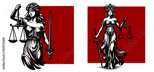 lady justice Themis with scales and sword in artistic silhouette design