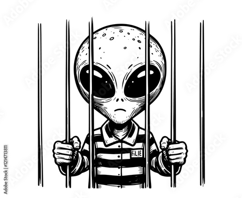 alien behind prison bars in black line art style