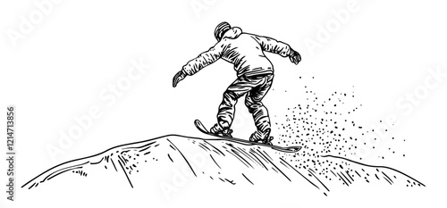 snowboarder riding downhill in black line art style