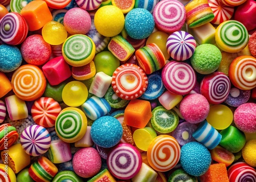 Aerial View Colorful Candy Pattern, Sugar Texture, Sweet Dessert Decoration