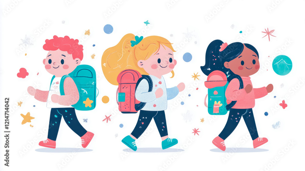 Happy Children Walking with Backpacks: An Illustration of Kids on an Adventure Happy Children Walking with Backpacks: An Illustration of Kids on an Adventure