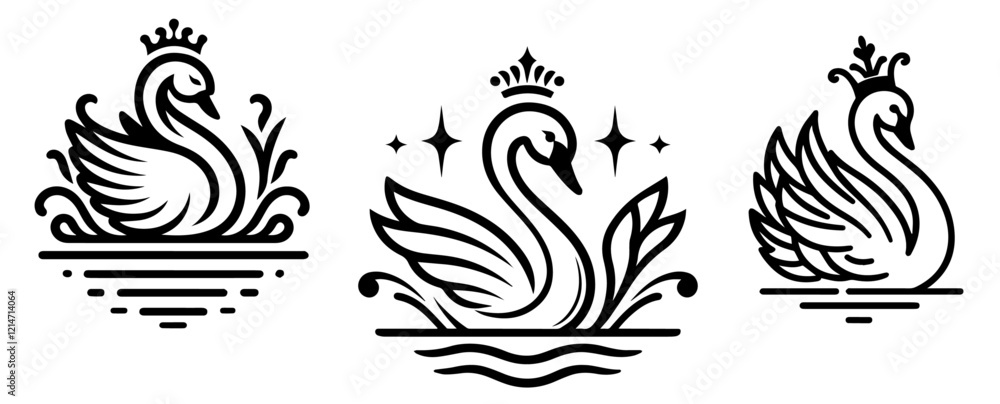 elegant swans with crowns in black silhouette design elegant swans with crowns in black silhouette design